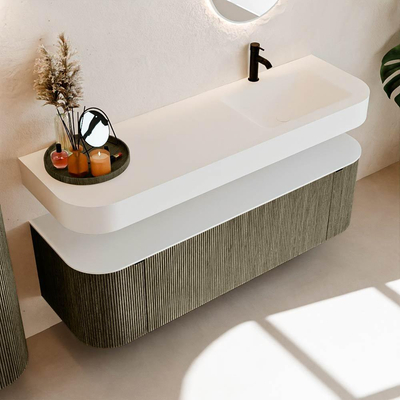 MONDIAZ THOR 150cm meuble de salle de bains arrondi gauche + droite couleur Shadow avec 1 tiroir et 2 portes. Vasque suspendue CLOUD Droite 1 trou de robinet couleur Talc.