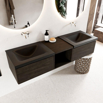 MONDIAZ BUKLA 160cm badmeubel met open module 40 kleur Dark Brown met 2 lades. Wastafel CLOUD dubbel 0 kraangaten kleur Urban.