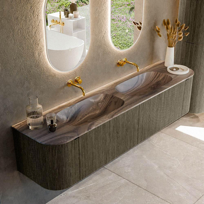 MONDIAZ KURVE-DLUX 190cm meuble de salle de bains arrondi Gauche + Droite couleur Shadow avec 2 tiroirs et 2 portes. Plan-vasque STOR SMALL Double sans trou de robinet Sombra.