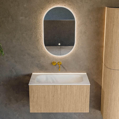 MONDIAZ KURVE 80cm badmeubel kleur Oak met 1 lade. Wastafel BIG SMALL midden zonder kraangat Talc.