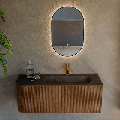 MONDIAZ KURVE 115cm Meuble salle de bain avec module 25 G - couleur Walnut - 1 tiroir - 1 porte - vasque BIG SMALL droite - 1 trou de robinet - Urban