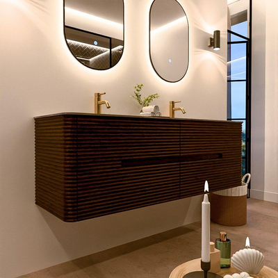 Mondiaz CIRO-DLUX Ensemble de meubles de salle de bains - 150x45x50cm - Plan-vasque solid surface Sombra - 2 vasques double - 2 trous de robinetterie - 4 tiroirs - Noyer