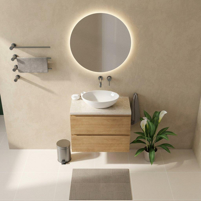 Saniclass Holz Pure Ensemble de meubles de salle de bains - 80x45x63cm - Plan de travail en pierre naturelle travertin - sans trou de robinetterie - 2 tiroirs - chêne naturel mat (bois)