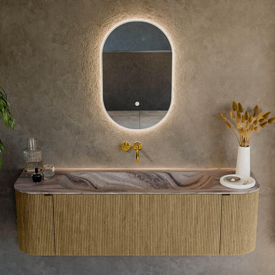 MONDIAZ KURVE-DLUX 150cm badmeubel ronding Links + Rechts kleur Dusk met 1 lade en 2 deuren. Wastafel BIG MEDIUM Midden zonder kraangat Sombra.