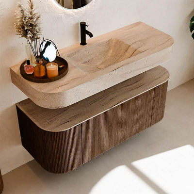 MONDIAZ THOR-DLUX 120cm badmeubel ronding links + rechts kleur Walnut met 1 lade en 2 deuren. Vrijhangende wastafel CLOUD Midden 1 kraangat kleur Saba.