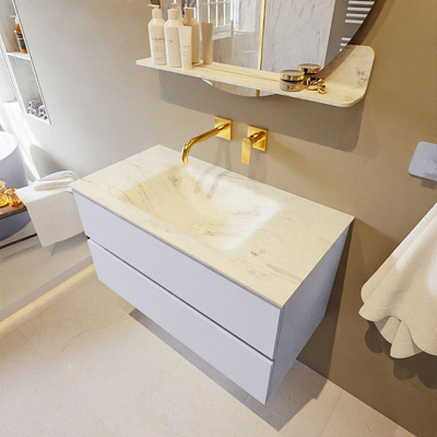 Mondiaz VICA-DLUX ensemble de meuble de salle de bain - 90cm - meuble sous-vasque cale - 2 tiroirs - lavabo encastré cloud milieu - sans trous de robinet - version haute de 60cm - opalo