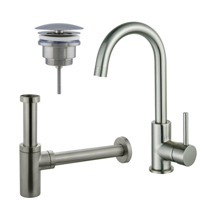 FugaFlow Eccelente Sobrado Kit robinet lavabo - robinet haut - bec rotatif - bonde non-obturable - siphon design - Inox brossé PVD