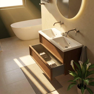 Saniclass Holz Frame Ensemble de meubles de salle de bains - 120x45x63.5cm - Lavabo Bari en céramique blanc - 2 vasques - sans trous de robinetterie - 2 tiroirs - walnut pure mat (bois)