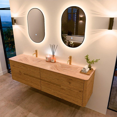 Mondiaz CIRO-DLUX Meuble de salle de bains - 180x45x50cm - Plan vasque solid surface Saba - 2 vasques Double - 2 trous de robinetterie - 4 tiroirs - Chêne