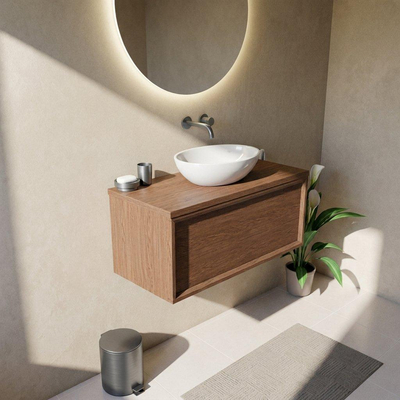 Saniclass Holz Frame Ensemble meuble de salle de bains - 100x45x43cm - Plan vasque en basalte Noche poli (noir) - sans trou de robinet - 1 tiroir - walnut pure mat (bois)
