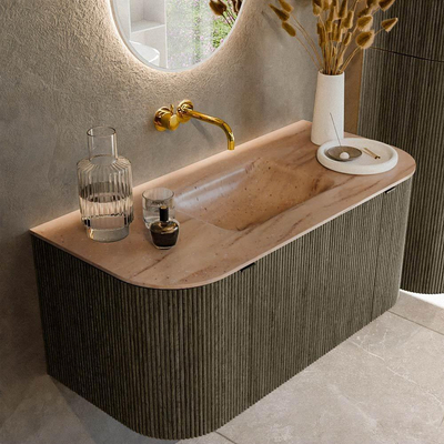 MONDIAZ KURVE-DLUX Meuble de salle de bains 100cm arrondi gauche + droite couleur Shadow avec 1 tiroir et 2 portes. Lavabo GRUNNE central sans trou de robinet Saba.