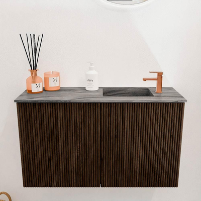 Mondiaz JOYA-DLUX 70cm toiletmeubel - kleur Walnut - Wastafel FAYE positie Rechts 1 kraangat kleur Sombra.