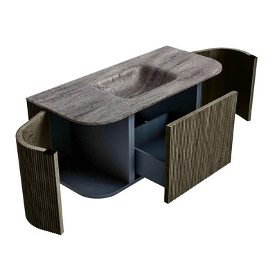 MONDIAZ KURVE-DLUX Meuble de salle de bains 100cm arrondi Gauche + Droite couleur Shadow avec 1 tiroir et 2 portes. Lavabo GRUNNE Central 1 trou de robinet Oza.