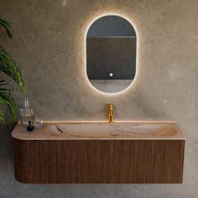 MONDIAZ KURVE-DLUX Meuble de salle de bains 145 cm arrondi à gauche couleur Walnut avec 1 tiroir et 1 porte. Plan-vasque BIG LARGE à droite 1 trou de robinet Arena.