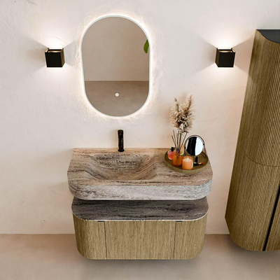 MONDIAZ THOR-DLUX Meuble de salle de bains - 100cm - arrondi gauche + droite - couleur Dusk - 1 tiroir - 2 portes - Vasque suspendue CLOUD Gauche 1 trou de robinet - couleur Oza