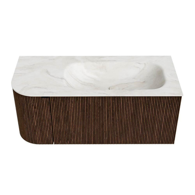 MONDIAZ KURVE-DLUX Meuble de salle de bains 105 cm avec module 25 L couleur Walnut avec 1 tiroir et 1 porte. Lavabo BIG SMALL à droite 1 trou de robinet couleur Ostra.