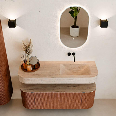 MONDIAZ THOR-DLUX 130cm meuble de salle de bains arrondi gauche + droite couleur Ruby avec 1 tiroir et 2 portes. Vasque suspendue CLOUD Droite sans trou de robinet couleur Saba.