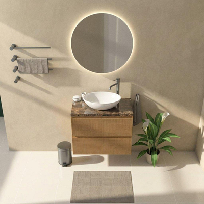 Saniclass Holz Atelier Ensemble de meubles de salle de bains - 80x45x63cm - Plan de travail en pierre naturelle Noche dark emperador - 1 trou de robinetterie - 2 tiroirs - chêne naturel mat (bois)