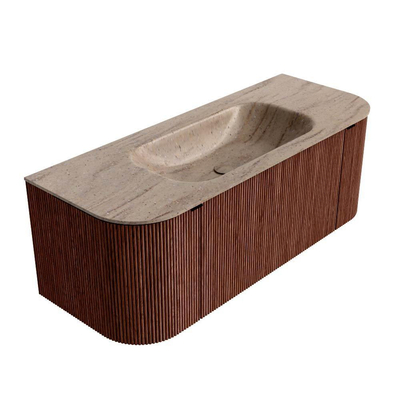 MONDIAZ KURVE-DLUX Meuble de salle de bains 120cm arrondi Gauche + Droite couleur Ruby avec 1 tiroir et 2 portes. Vasque BIG SMALL Centre 1 trou de robinet Saba.