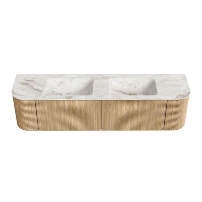 MONDIAZ KURVE-DLUX 180cm Meuble salle de bain avec module 25 G et D - couleur Oak - 2 tiroirs - 2 portes - vasque LEAF double - 2 trous de robinet - couleur Frappe