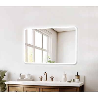 Fugaflow Excellent Arredo Miroir de Salle de Bain - 100x70 cm - avec coins arrondis - installation horizontale / verticale - éclairage LED indirect - chauffage de miroir - capteur infrarouge en partie inférieure