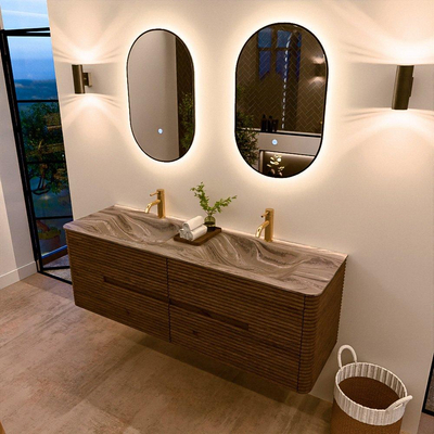 Mondiaz CIRO-DLUX Badkamermeubelset - 150x45x50cm - Solid surface wastafel Sombra - 2 wasbak Dubbel - 2 kraangaten - 4 lades - Dusk