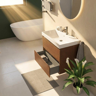 Saniclass Holz Pure Ensemble meuble de salle de bains - 80x45x67.5cm - Lavabo en céramique Wave - 1 vasque - 1 trou de robinetterie - 2 tiroirs - walnut pure mat (bois)