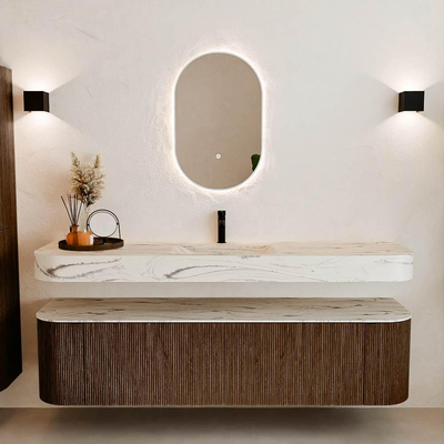 MONDIAZ THOR-DLUX 180cm meuble de salle de bains arrondi gauche + droite couleur Walnut avec 2 tiroirs et 2 portes. Vasque suspendue CLOUD Milieu 1 trou de robinet couleur Nata.