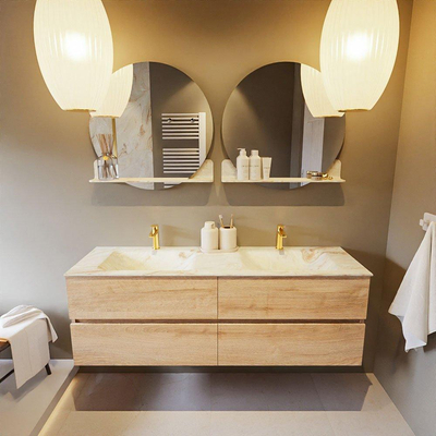 Mondiaz VICA-DLUX Ensemble de meuble de salle de bain - 150cm - meuble sous-vasque chêne blanchi - 4 tiroirs - lavabo encastré cloud double - 2 trous de robinet - version haute de 60cm - frape