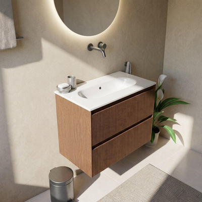 Saniclass Holz Atelier Ensemble meuble de salle de bains - 80x45x73.9cm - Lavabo Chaci en céramique blanc - 1 vasque - sans trou de robinet - 2 tiroirs - noyer pur mat (bois)