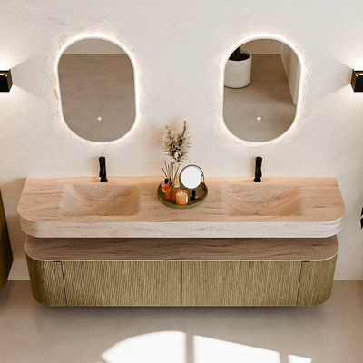 MONDIAZ THOR-DLUX 200cm meuble de salle de bains arrondi gauche + droite couleur Dusk avec 2 tiroirs et 2 portes. Vasque suspendue CLOUD Double 2 trous de robinet couleur Saba.