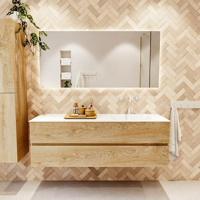 MONDIAZ VICA meuble sous lavabo 150cm Chêne blanchi 2 tiroirs. Lavabo CLOUD droite 1 trou de robinet, couleur Talc.