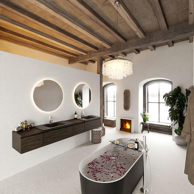 MONDIAZ BUKLA 240cm ensemble de meuble avec module 40 à droite couleur Marron Foncé avec 4 tiroirs. Lavabo CLOUD double 2 trous de robinet couleur Urban.