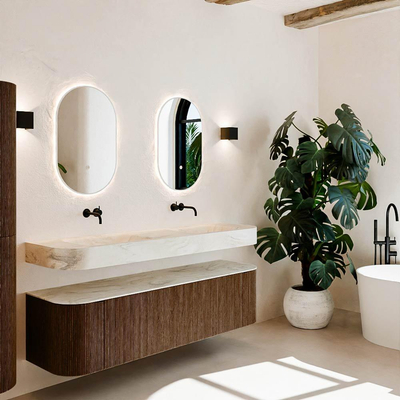 MONDIAZ THOR-DLUX 170cm badmeubel ronding links + rechts kleur Walnut met 1 lade en 2 deuren. Vrijhangende wastafel CLOUD Dubbel zonder kraangat kleur Ostra.