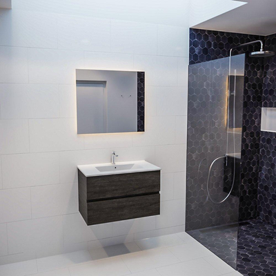 ENSEMBLE DE MEUBLE MONDIAZ VICA - 80cm - 2 tiroirs - lavabo Denia central - 1 trou de robinet - solid surface marron foncé
