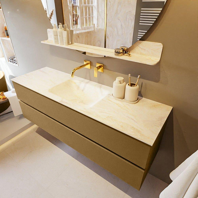 Mondiaz VICA-DLUX ensemble de meuble de salle de bain - 150cm - meuble sous-vasque oro - 2 tiroirs - lavabo encastré cloud milieu - sans trous de robinet - miroir modèle spot - version XL 60cm haut - ostra