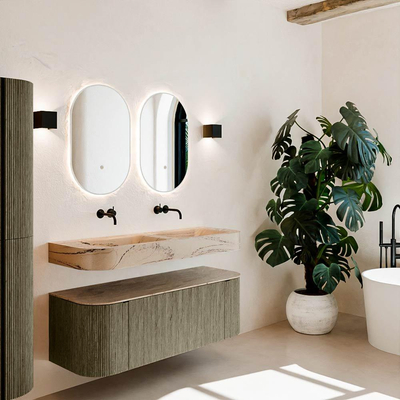 MONDIAZ THOR-DLUX 130cm meuble de salle de bains arrondi gauche + droite couleur Shadow avec 1 tiroir et 2 portes. Vasque suspendue CLOUD Double sans trou de robinet couleur Arena.