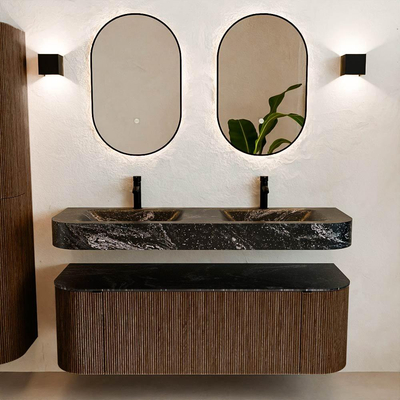 MONDIAZ THOR-DLUX 140cm badmeubel ronding links + rechts kleur Walnut met 1 lade en 2 deuren. Vrijhangende wastafel CLOUD Dubbel 2 kraangaten kleur Lava.