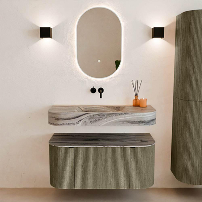 MONDIAZ THOR-DLUX 100cm meuble de salle de bains arrondi gauche + droite couleur Shadow avec 1 tiroir et 2 portes. Vasque suspendue CLOUD Milieu sans trou de robinet couleur Sombra.