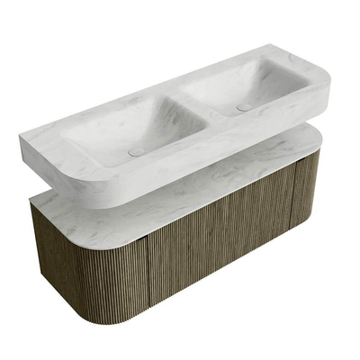 MONDIAZ THOR-DLUX 130cm meuble de salle de bains arrondi gauche + droite couleur Shadow avec 1 tiroir et 2 portes. Vasque suspendue CLOUD Double sans trou de robinet couleur Opalo.