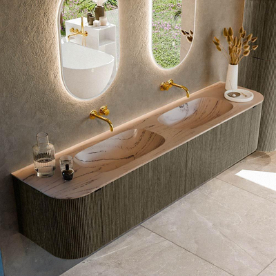 MONDIAZ KURVE-DLUX Meuble de salle de bains 200cm arrondi Gauche + Droite couleur Shadow avec 2 tiroirs et 2 portes. Lavabo STOR SMALL Double sans trou de robinet Arena.