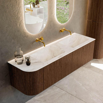 MONDIAZ KURVE-DLUX meuble de salle de bains 155cm avec module 25 L couleur Walnut avec 2 tiroirs et 1 porte. Lavabo LEAF double / à droite sans trou de robinet couleur Frappe.
