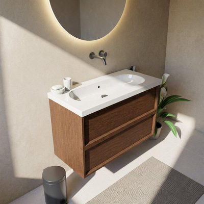 Saniclass Holz Frame Ensemble de meubles de salle de bains - 100x45x63.5cm - lavabo en céramique Palermo blanc - 1 vasque - sans trou de robinet - 2 tiroirs - walnut pure mat (bois)