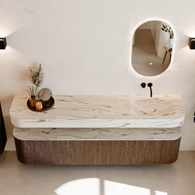 MONDIAZ THOR-DLUX 200cm badmeubel ronding links + rechts kleur Walnut met 2 lades en 2 deuren. Vrijhangende wastafel CLOUD Rechts zonder kraangat kleur Nata.