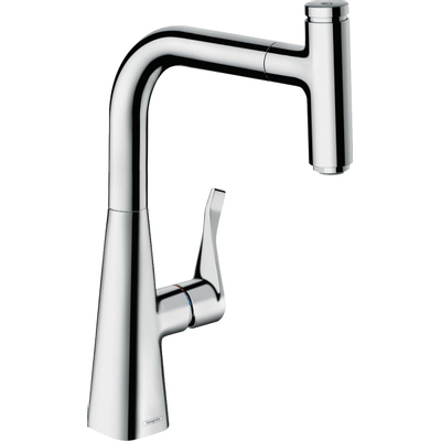 Hansgrohe Metris Select robinet de cuisine 240 avec bec extractible pivotant à 150° avec bouton Select pour fonction pause chrome