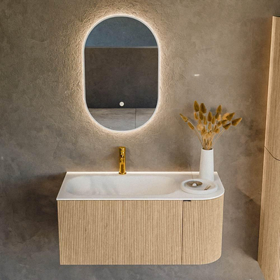 MONDIAZ KURVE Meuble de salle de bains 95 cm avec module 25 R couleur Chêne avec 1 tiroir et 1 porte. Lavabo BIG SMALL gauche 1 trou de robinet Talc.