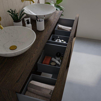 Saniclass Holz Frame Meuble de salle de bain - 140x45x40cm - lavabo en céramique blanc - 2 vasques - sans trous de robinet - 2 tiroirs - Charcoal