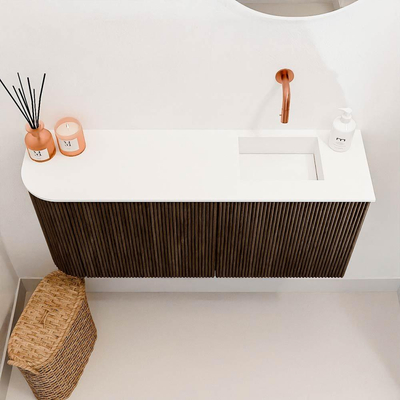 Mondiaz JOYA 91.6cm toiletmeubel - ronding links kleur Walnut - Wastafel FAYE positie Rechts Zonder kraangat kleur Talc.