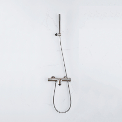FortiFura Calvi Robinet de baignoire thermostatique avec douchette stick, support et flexible en métal Inox brossé PVD