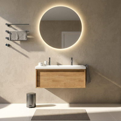 Saniclass Holz Frame Ensemble meuble de salle de bains - 100x45x43.5cm - Lavabo en céramique Palermo blanc - 1 vasque - 2 trous de robinetterie - 1 tiroir - chêne natural mat (bois)